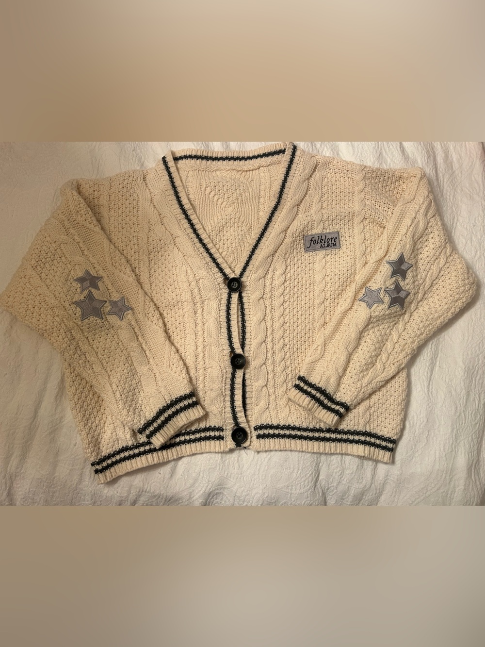 Taylor Swift Folklore Cardigan: Cable-Knit Cardigan with Black Trim